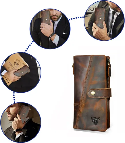 Miniatura 64 de Genuino Caballo Loco Cuero Regalo de Viaje Moneda Bolsillo Tarjetero Organizador Largo Cadena Rfid Cartera Monedero Con Broche Para Hombres Hombres
