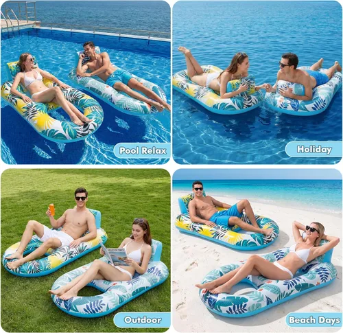 Miniatura 4 de Paquete de 2 flotadores inflables de alta resistencia para piscina, flotadores gigantes de piscina tamaño adulto con respaldo y reposapiés, balsas