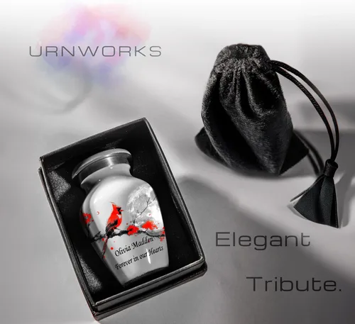 Miniatura 3 de Mini urna gris para cenizas, diseño cardenal y flor, pequeño recuerdo de cremación personalizado, hecho a mano en Estados Unidos, incluye bolsa