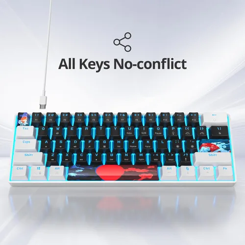 Miniatura 2 de Teclado mecánico portátil 60 % para juegos, teclado de oficina mini compacto con retroiluminación LED azul hielo de 61 teclas con cable, interruptor