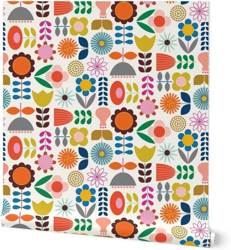 Spoonflower Despegar y pegar papel tapiz Muestras - Mod Jardín escandinavo Scandi Arte Flores Margarita Azul Marino Naranja Rosa Vivero Floral