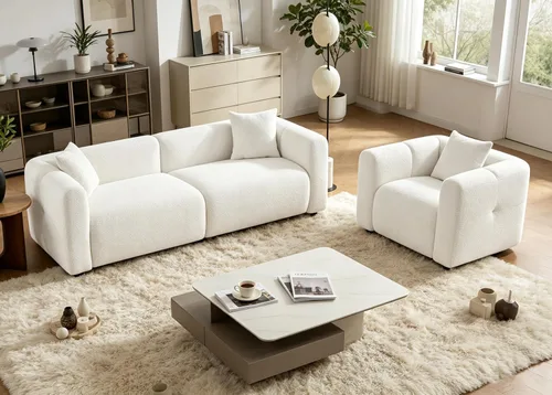 VANOMi Los juegos de muebles de sala de estar incluyen sofá de 95 pulgadas y sillones de 42 pulgadas, sofá tapizado Boucle de gran tamaño con Blanco