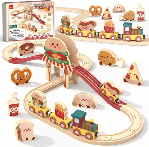 Miniatura 11 de Lehoo Castle Juego de tren de madera, juguetes de construcción para niños de 2 a 4 años, pista de tren de madera para niños con grúa, juguetes