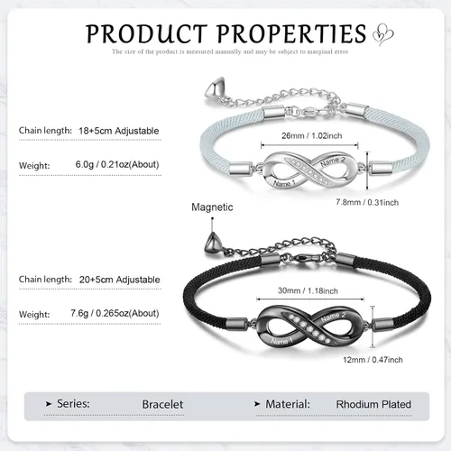 Miniatura 2 de Pulseras de infinito personalizadas para mujeres, hombres y parejas, pulseras a juego con nombre personalizado para parejas, para novio, novia
