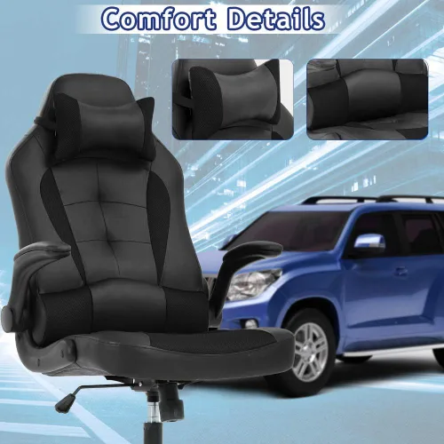 Miniatura 4 de Silla ergonómica para videojuegos, silla de escritorio de oficina con respaldo alto y soporte lumbar ajustable, reposabrazos abatibles y Negro
