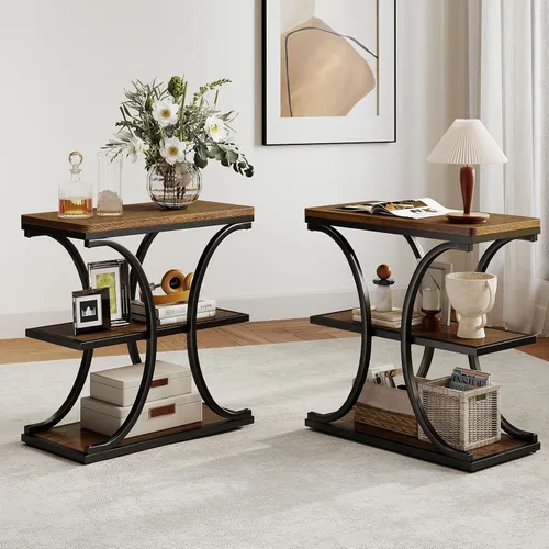 Miniatura 8 de BECHAEO Mesa auxiliar industrial moderna para sala de estar, 41.7 pulgadas, parte superior rectangular de madera gruesa con patas de arco de metal