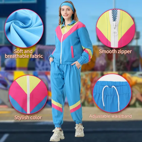 Miniatura 4 de Conjunto deportivo retro de los años 80 para mujer, rompevientos de los años 90, conjunto deportivo con chaqueta y pantalones deportivos