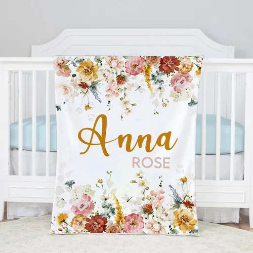 Manta personalizada con nombre de bebé, manta de bebé floral, manta de bebé niña, manta de bebé bohemio, manta de flores silvestres, manta de flores