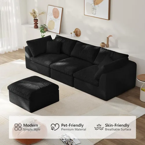 Miniatura 4 de Sofá modular de nube sin hueso de 108 pulgadas con asiento profundo para sala de estar, sofá en forma de L con otomana, tela de copo de nieve y Negro