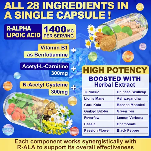 Miniatura 4 de R Ácido alfa lipoico 1400 mg suplementos de neuropatía, suplementos de ALA estabilizados 28 en 1 con L-carnitina, NAC y benfotiamina, suplemento