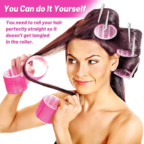 Miniatura 5 de Rizadores de pelo jumbo, 12 rulos de pelo jumbo de 2.32 pulgadas, rodillos de sujeción con 12 pinzas para cabello largo y liso (rojo rosa)