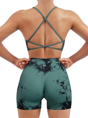 SUUKSESS Conjuntos de entrenamiento sin costuras para mujer, sujetador deportivo con tiras y cintura alta, pantalones cortos