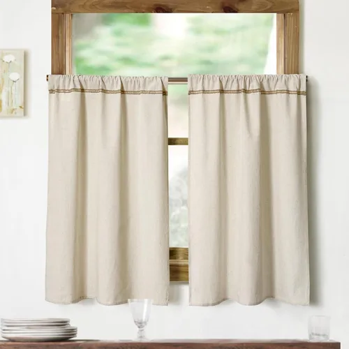 Miniatura 12 de Cenefa de lino de algodón para ventanas con ribete de encaje de arpillera rústica de 12 pulgadas, cenefa de cocina con bolsillo para barra, cortina