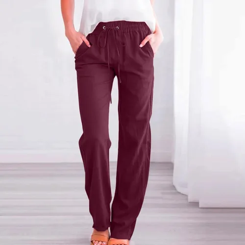 Miniatura 2 de YWEFSJ Pantalones de lino para mujer, pierna recta, elásticos, casuales, holgados, con cordón, cómodos, con bolsillos, 2023