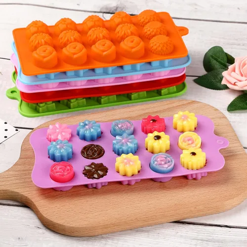Miniatura 5 de FIRETREESILVERFLOWER Juego de moldes de chocolate con forma de flor, corazón, estrellas, rosa, flores en combinación, molde de silicona para hornear