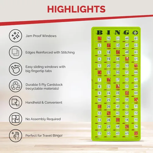 Miniatura 4 de MR CHIPS Tarjeta Maestra de Bingo con Punta de Dedo Anti-Atasco con Ventanas Deslizantes Tarjetas de Cartón Grande para Cantar Estilo Verde Tablero