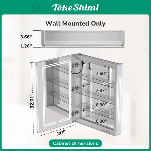 Miniatura 2 de TokeShimi Botiquín con Espejo Iluminado de 20 x 31.9 pulgadas, Espejo LED de Baño Templado Antivaho con Almacenamiento, Atenuación Continua de 3
