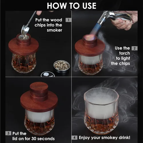 Miniatura 4 de KIT DE AFUMADO PARA WHISKY, CÓCTEL Y ESTILO ANTIGUO DE SMOKEOLOGIST CON ANTORCHA – incluye 8 sabores únicos de madera natural, lujosa caja de regalo