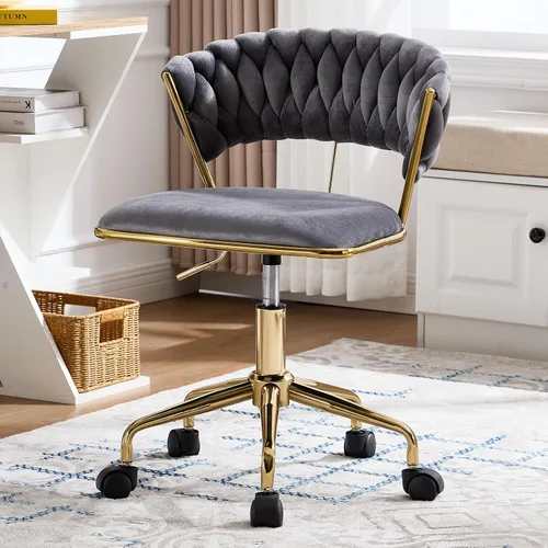 Miniatura 8 de NIOIIKIT Silla de oficina en casa, silla tapizada de terciopelo con respaldo abierto tejido, silla de escritorio giratoria de 360° con ruedas, silla