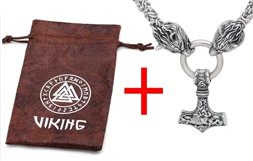 Miniatura 4 de GuoShuang Wolf Head with Thor Mjolnir Pendant Necklace Stainless Steel - King Chain