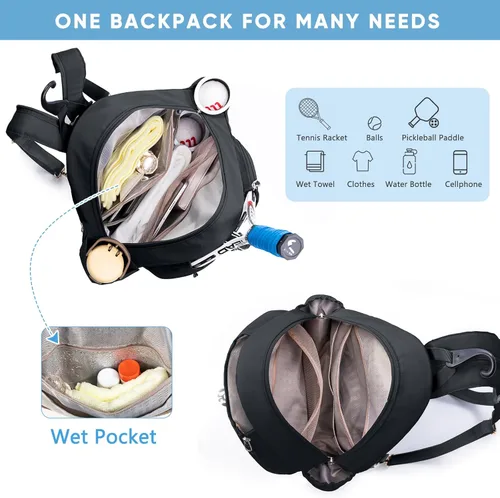 Miniatura 4 de Mochila de Tenis con Soporte para 2 Raquetas, Bolsa de Raqueta de Tenis de Cuero PU Resistente al Agua para Mujeres y Hombres, Mochila Deportiva