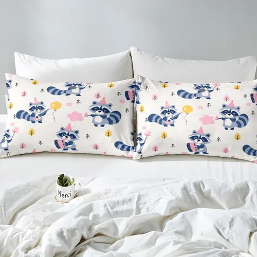 Miniatura 4 de Erosebridal Juego de sábanas tamaño individual de mapache para niños y niños, sábanas florales rosas de animales del bosque, juego de ropa de cama