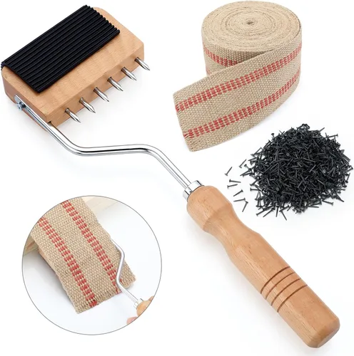 Miniatura 8 de Juego de herramientas de tapicería de 3.5 pulgadas, cinta de yute de arpillera de 10 yardas, mango de madera, 115 tachuelas de tapicería negras