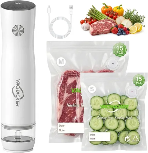 Sellador al vacío de mano para alimentos, máquina selladora al vacío compacta con 30 bolsas de vacío reutilizables, ahorrador de alimentos portátil