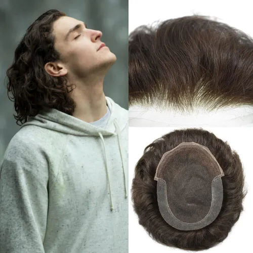 Miniatura 14 de Tupé para hombre Remy pieza de cabello humano para hombres encaje tupé para hombres nudo blanqueado sistema de reemplazo de cabello para hombre
