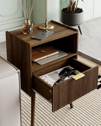 Miniatura 4 de Veegle Mesita de noche, moderna mesita de noche con cajón de almacenamiento y estante de madera abierta, mesita de noche decorativa con patas