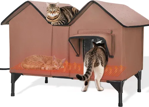 Miniatura 9 de Casa grande para gatos con calefacción para exteriores en invierno, casa elevada impermeable para gatos al aire libre con almohadilla térmica, casa