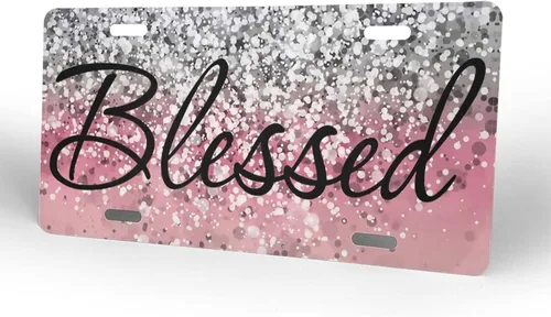 Miniatura 2 de Placa de matrícula delantera cristiana religiosa bendecida con purpurina rosa brillante, placas de matrícula decorativas de aluminio divertidas