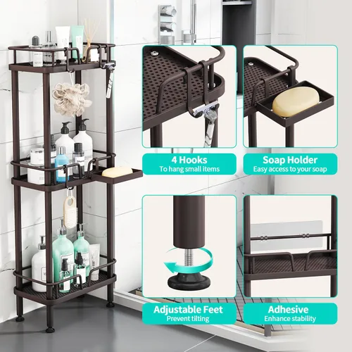 Miniatura 2 de HapiRm Organizador de ducha de esquina de pie, organizador de ducha de esquina de 3 niveles con soporte para jabón, estante de baño de acero