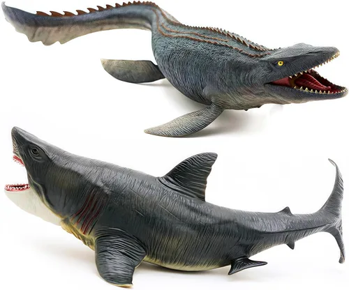 Gemini&Genius Mosasaurus and Megloden - Juguetes de dinosaurio, figuras de acción de tiburones de monstruos oceánicos, ideal para coleccionista,