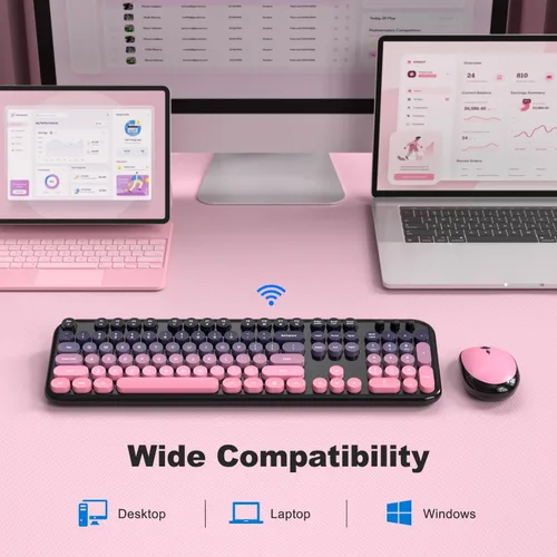 Miniatura 11 de KNOWSQT Combo de teclado y ratón inalámbrico, teclados lindos de tamaño completo estilo máquina de escribir 2.4G azul colorido - receptor USB Plug