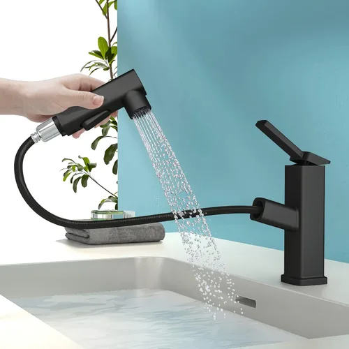 Grifo de baño de un solo agujero, grifo de lavabo de baño moderno extraíble con 3 modos de flujo de agua, grifos de baño con rociador (negro,