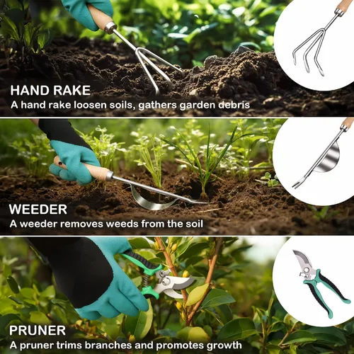 Miniatura 7 de Bluemars Kit de herramientas de mano de jardinería, 14 piezas, juego de herramientas de jardín de acero inoxidable resistente con bolsa de jardín