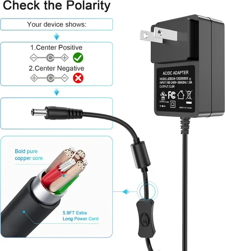 Miniatura 7 de Fuente de alimentación de 12 V CC Adaptador de corriente de 12 V 2A 0.217 * 0.098 in UL listado con 5 puntas for Yamaha Keyboard Power Supply