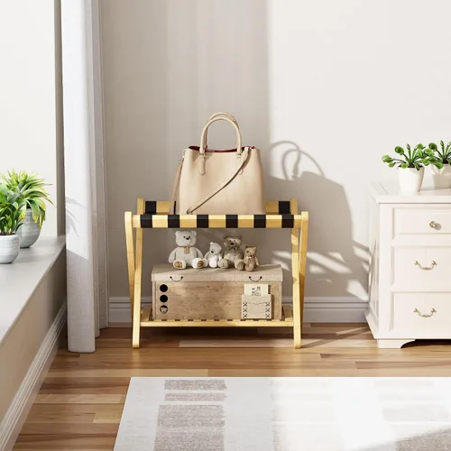 Miniatura 8 de SMIBUY Portaequipajes, soporte plegable de bambú para maleta con estante de almacenamiento para habitación de invitados, dormitorio, hotel, Natural