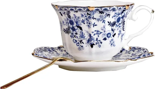 Juego de taza de té y platillo de porcelana floral vintage con cuchara, borde dorado, 6.4 onzas, juego de 1, azul, tazas de té, espresso y café (1,