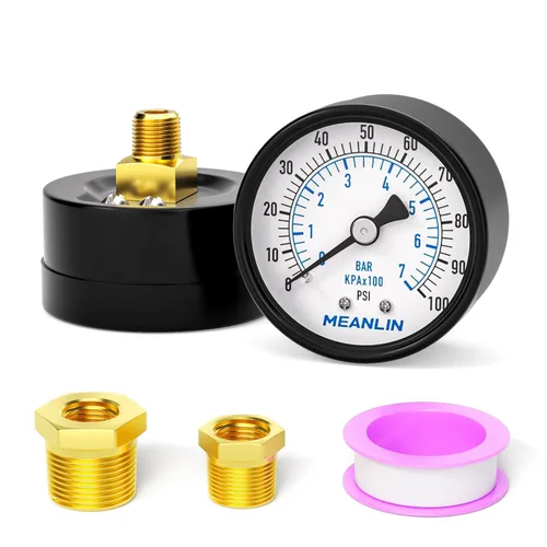 Miniatura 38 de MEANLIN MEASURE Manómetro de presión de bomba de pozo de 0-100 Psi, cara de dial de 2", NPT de 1/4", con buje hexagonal de 1/2" NPT y 3/8" NPT
