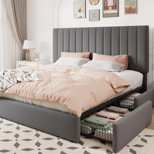 Miniatura 10 de Allewie Base de cama de almacenamiento tamaño completo, cabecera ajustable con canal vertical acolchado, plataforma tapizada de terciopelo con 4