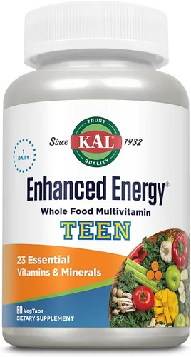 KAL Teens - Suplementos energéticos mejorados, multivitamínico de alimentos integrales una vez al día con hierro, 23 vitaminas y minerales, apoyo