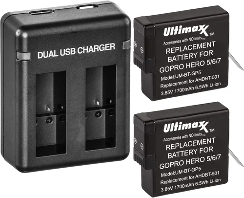 Miniatura 5 de Ultimaxx Cargador de batería USB dual para GoPro HERO 5, 6, 7 y 8 baterías con 2 baterías de repuesto de vida prolongada (1700 mAh, 3,85 V, 6,5 Wh)