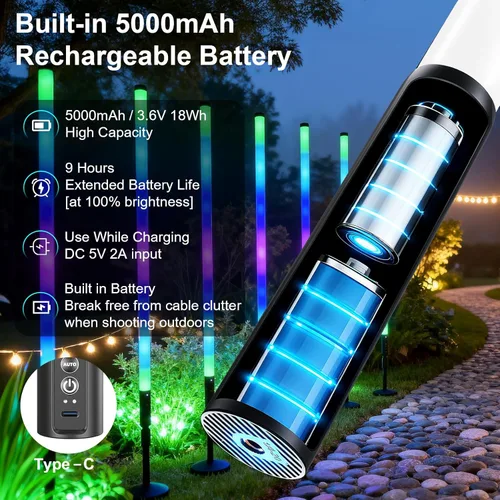 Miniatura 5 de Paquete de 6 tubos RGB de 3 pies de luz portátil de 5000 mAh con batería LED con soporte y control remoto, 500 efectos de iluminación, barra de luz