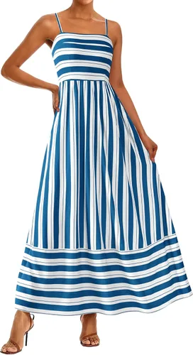 Miniatura 19 de PRETTYGARDEN Vestido largo de verano para mujer, con tirantes delgados, bohemio, floral, a rayas, para invitadas de boda, playa, vacaciones, vestido