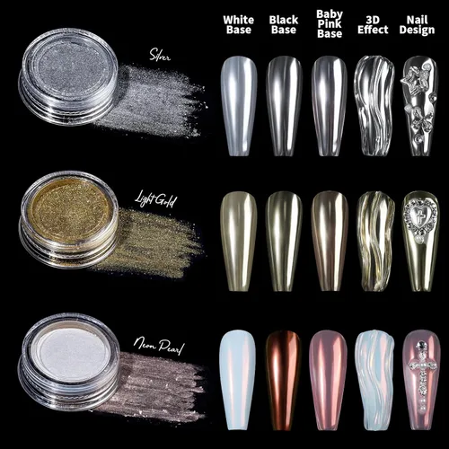Miniatura 3 de Teenitor Juego de polvos de uñas cromados con dijes de uñas, polvo cromado plateado para uñas, polvo cromado de perlas de neón, gemas y perlas