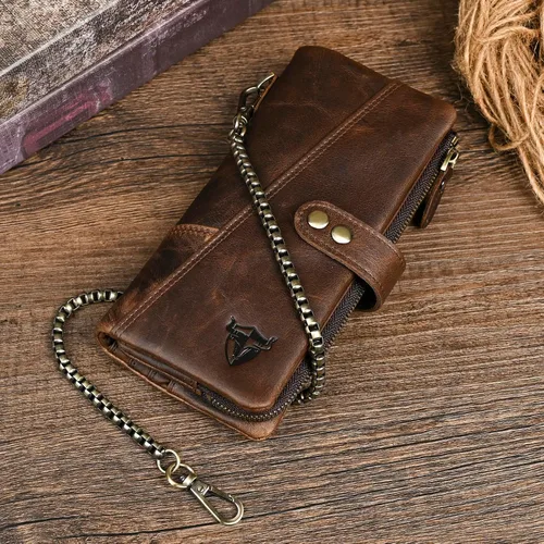 Miniatura 44 de Genuino Caballo Loco Cuero Regalo de Viaje Moneda Bolsillo Tarjetero Organizador Largo Cadena Rfid Cartera Monedero Con Broche Para Hombres Hombres