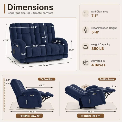 Miniatura 2 de MCombo 64.6" Oversized Reclining Loveseat with Heat and Massage, Zero Gravity Recliner Loveseat Sofa with Adjustable Headrest and Dual USB Charging