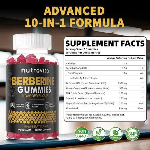 Miniatura 2 de Nutravita Gomitas de berberina con canela de Ceilán, 1500 mg de berberina de alta potencia, suplemento para apoyo inmunológico y metabolismo